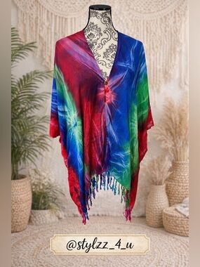 Nwt Boutique Colorful Tie Dye Kimono Cover Up Fringe Hem Lightweight One Size